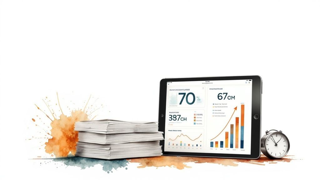 Digital tablet displaying financial charts and graphs beside stacked documents and alarm clock on desk
