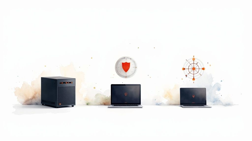 A black server and two laptops with cybersecurity symbols like a red shield and compass.
