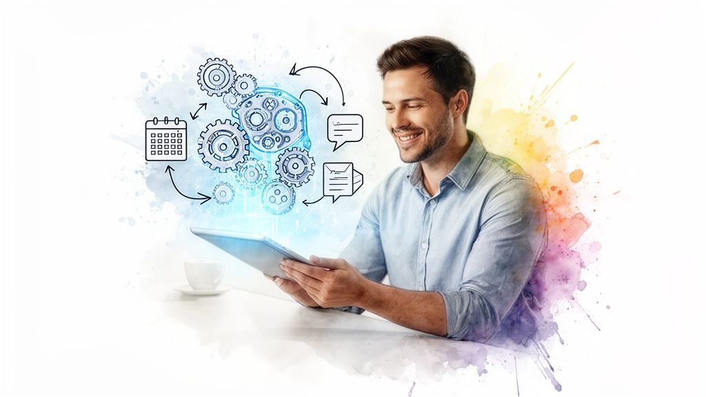 Smiling man using a tablet with digital gears, calendar, and communication icons representing business process automation.