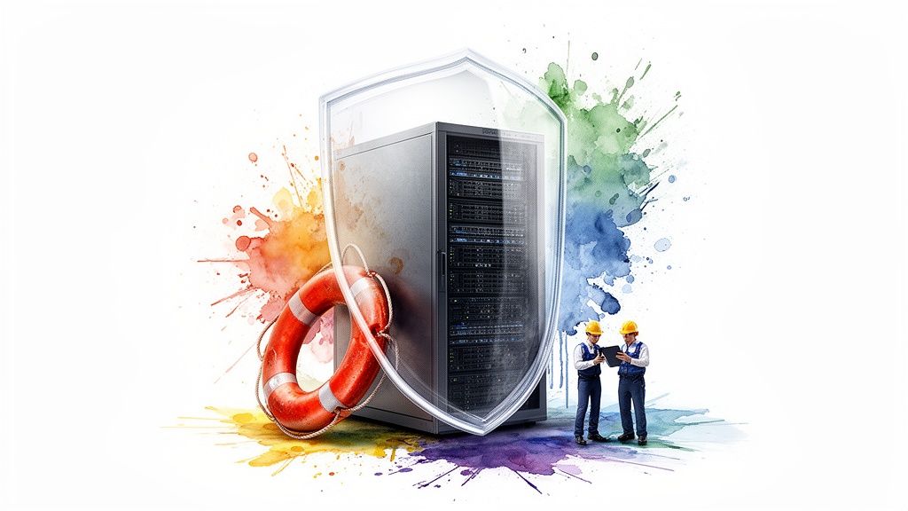 A server rack with a shield and lifebuoy, symbolizing secure IT services and data protection, with two technicians.