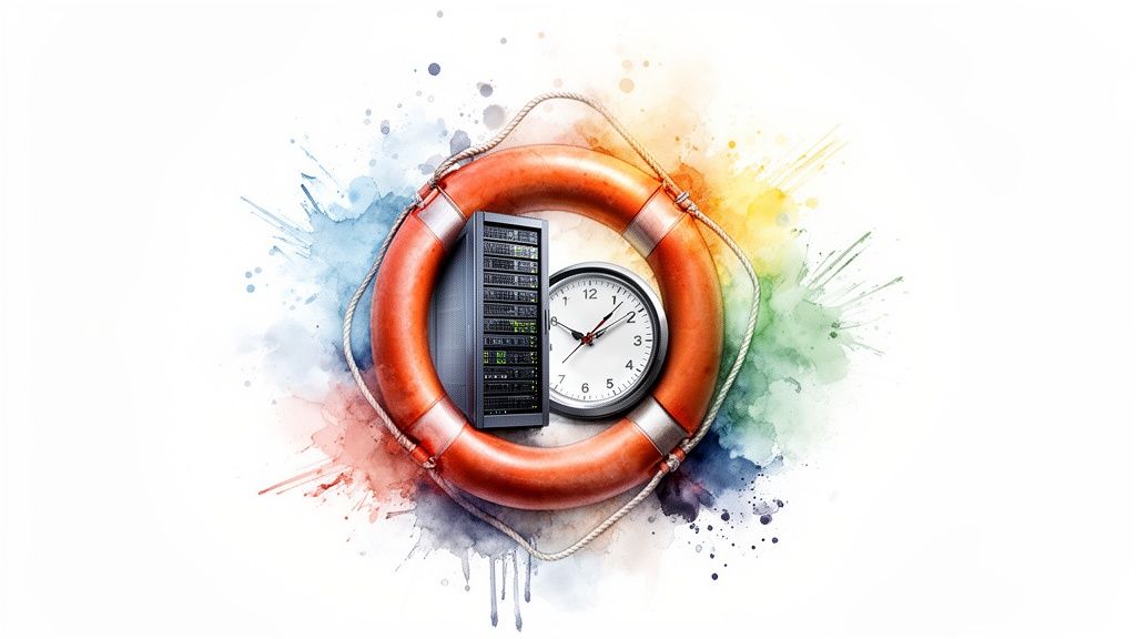 A lifebuoy protects a server rack and a clock, symbolizing data recovery, uptime, and critical IT support.
