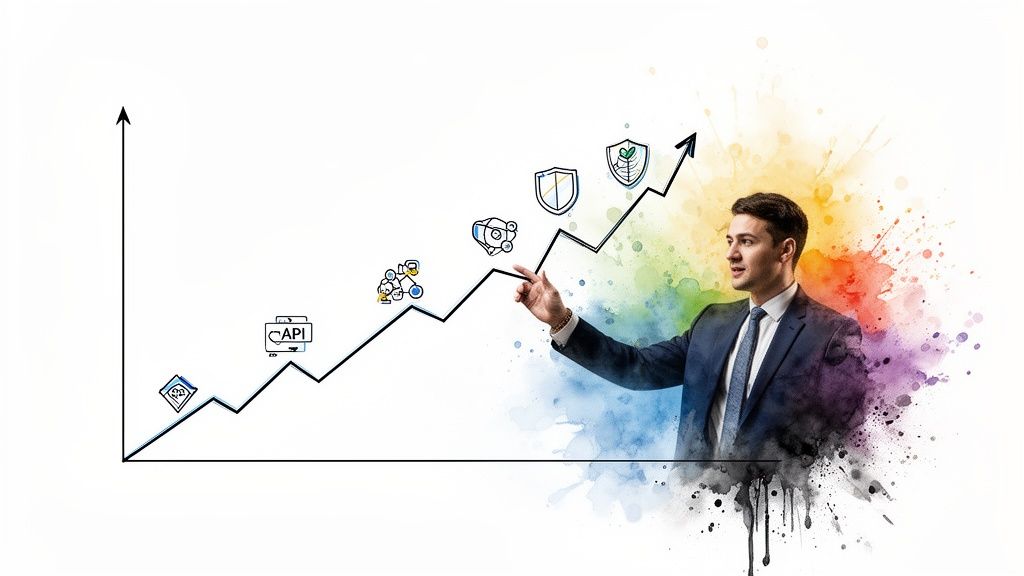 Businessman pointing at a rising graph with various business and development icons, symbolizing growth.