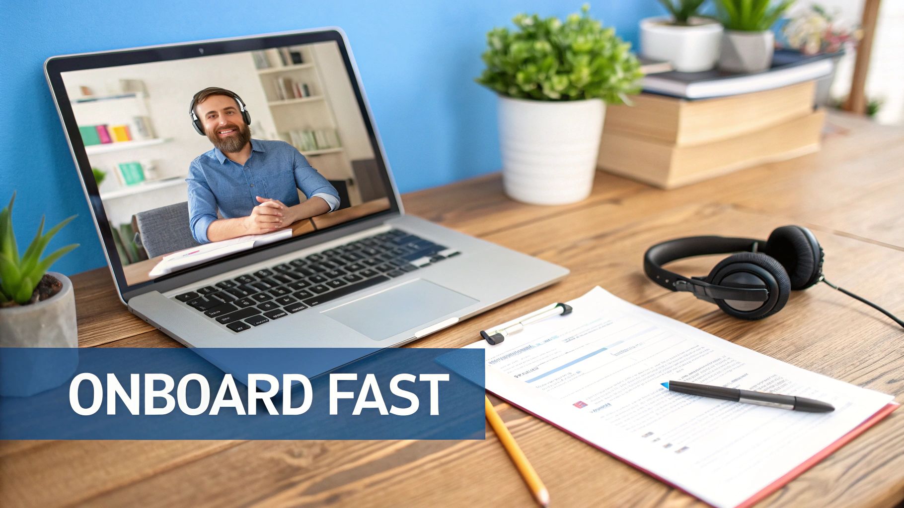 A laptop displays a video call with a smiling man in headphones on a wooden desk with documents.