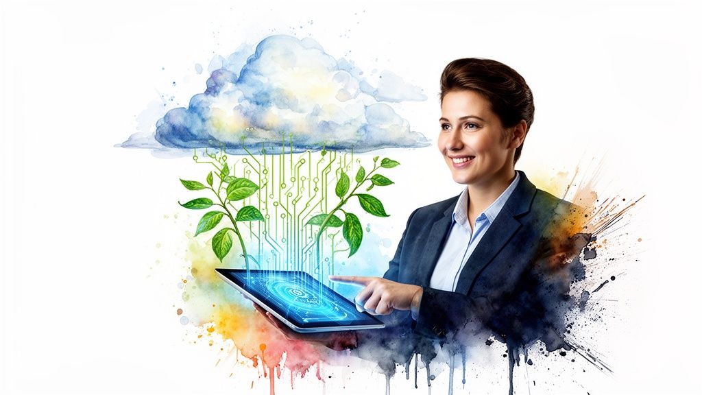 Smiling woman uses tablet, connecting cloud technology and green growth with watercolor art.