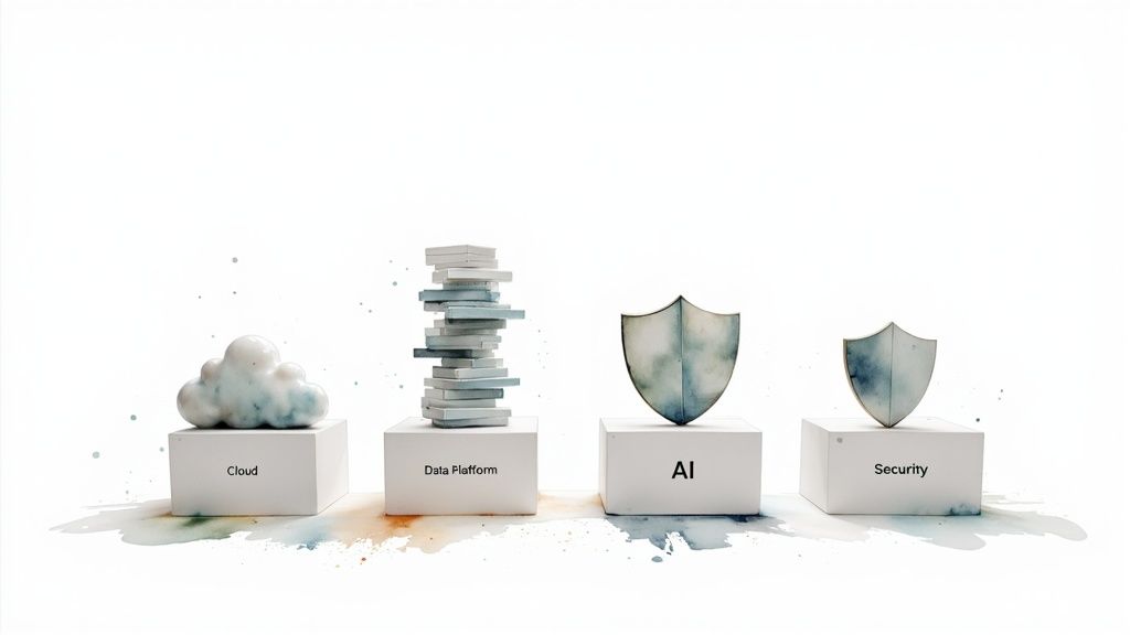 Illustrative image showing cloud, data platform, AI, and security concepts on white pedestals.