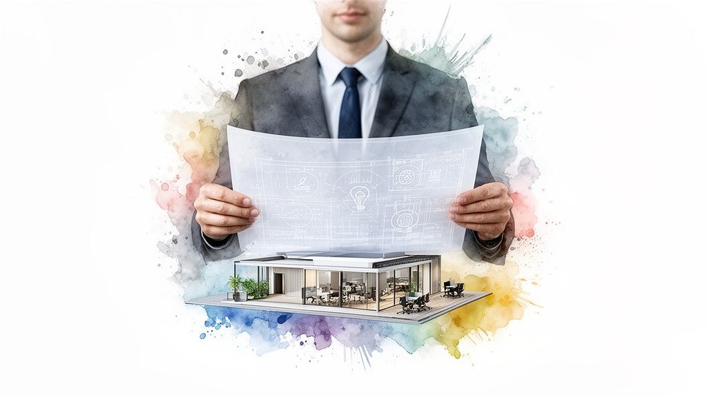 A man in a suit holds architectural blueprints above a model of a modern office building.