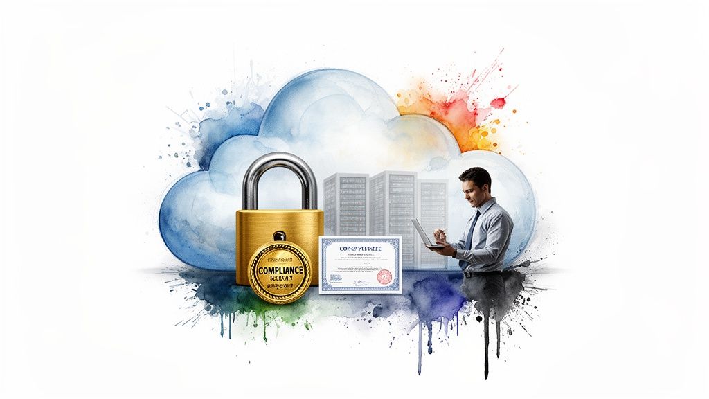 A man works on a laptop with cloud infrastructure, security padlock, and a compliance certificate, representing secure cloud solutions.