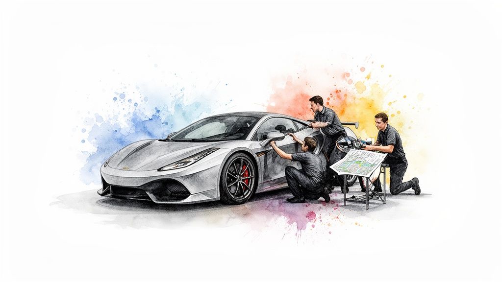 Three men meticulously working on a sleek white sports car with vibrant watercolor splashes in the background.
