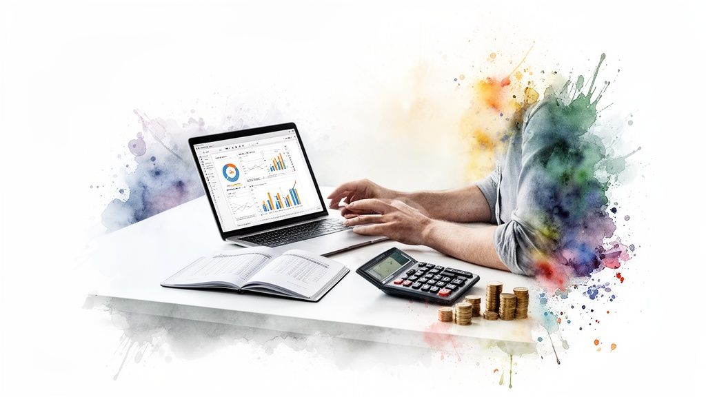 A person analyzes financial data on a laptop, with a calculator, book, and coins on a desk.