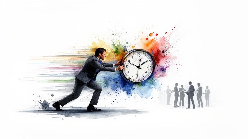 A determined businessman pushes a large clock forward amidst colorful paint splatters, suggesting time management and urgency.
