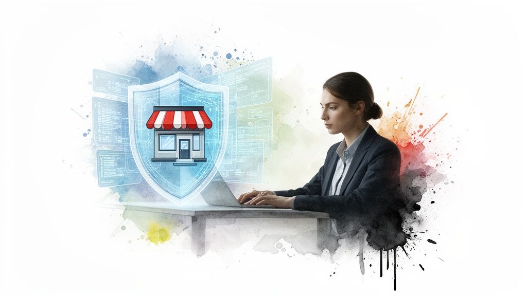 Woman on laptop with a digital shield protecting a shop icon, illustrating cybersecurity for businesses.