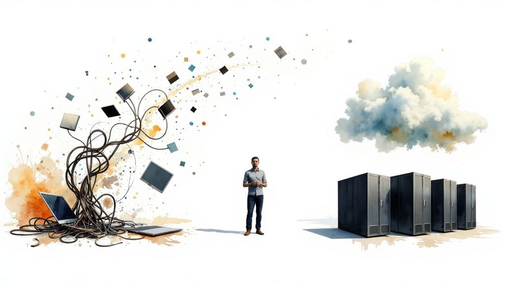 A man stands between tangled digital devices exploding data and sleek server racks with a cloud overhead, representing IT services.