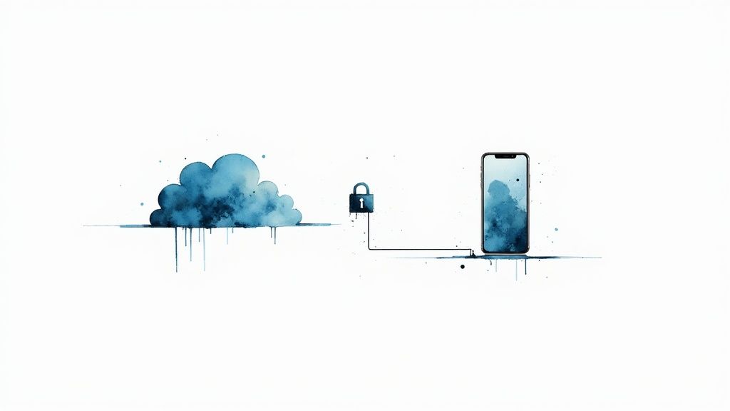 Watercolor illustration showing cloud storage connected securely with padlock to smartphone device