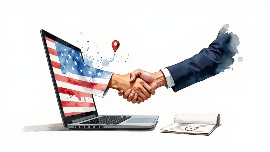 Digital handshake with US flag emerging from laptop, meeting a business hand, symbolizing online partnership and agreement.
