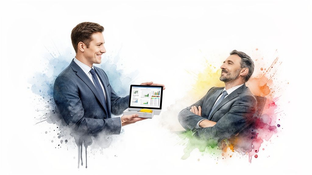 Two smiling businessmen with watercolor splashes; one presents data on a tablet, the other listens relaxed.
