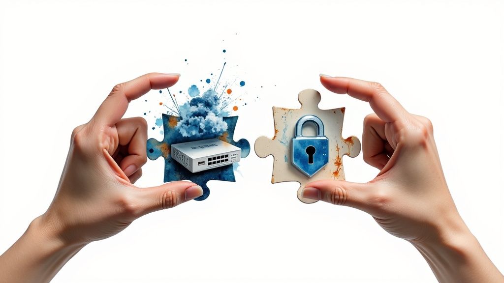 Hands connect puzzle pieces featuring a network switch and a security padlock, symbolizing security integration.