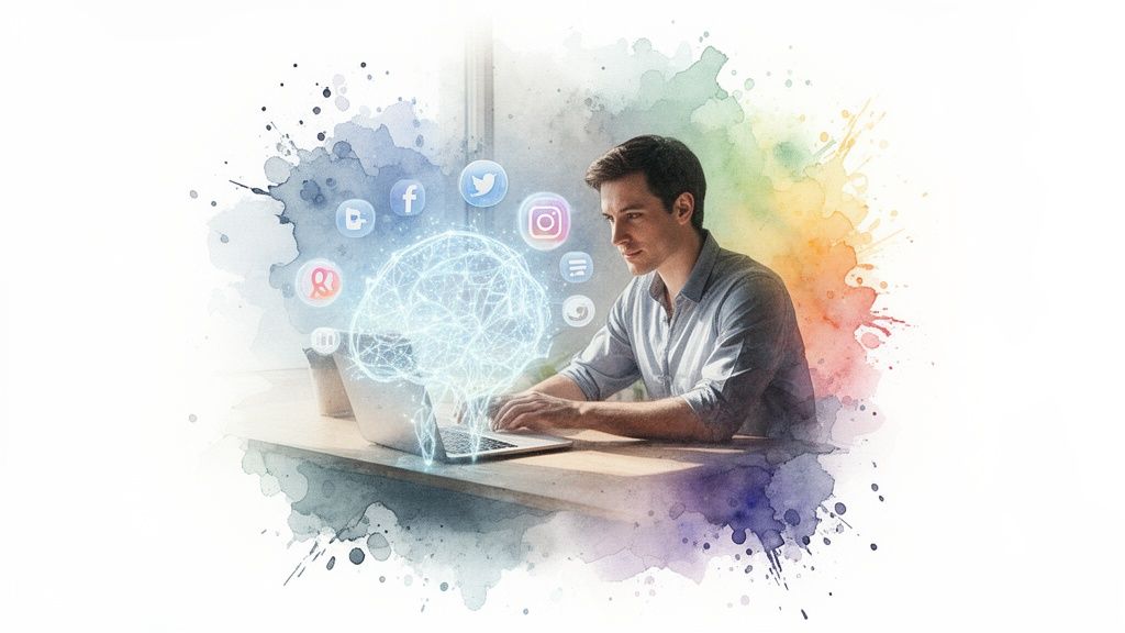 Creative watercolor art of a man using a laptop, connected to AI and social media.
