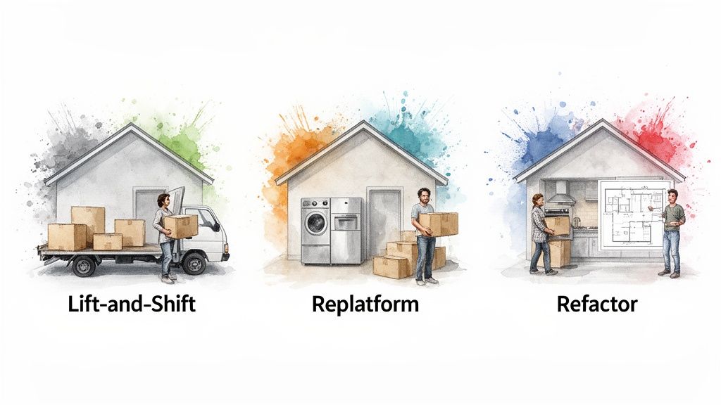 Illustration demonstrating three cloud migration strategies: Lift-and-Shift, Replatform, and Refactor.