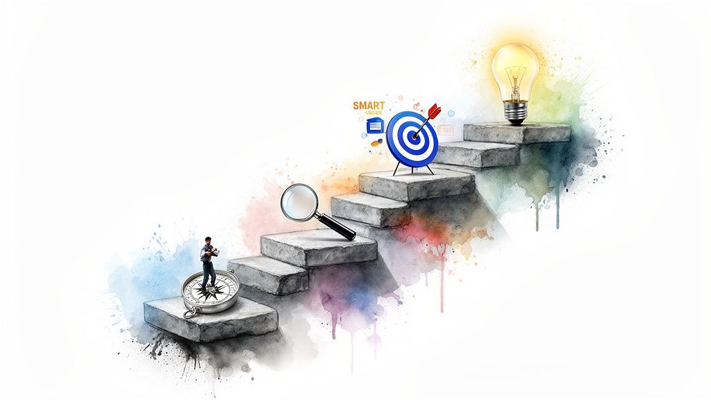 Steps illustrating business strategy: direction, analysis, SMART goals, and innovative ideas.