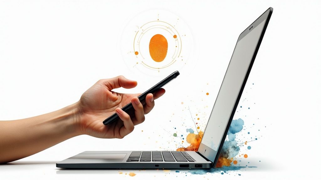 A hand holding a smartphone, with a biometric fingerprint icon and a laptop, symbolizing digital security.