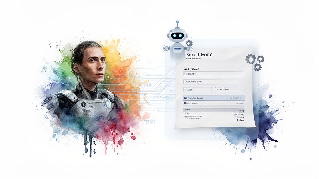 A vibrant watercolor image of a futuristic person and a digital document with a robot.