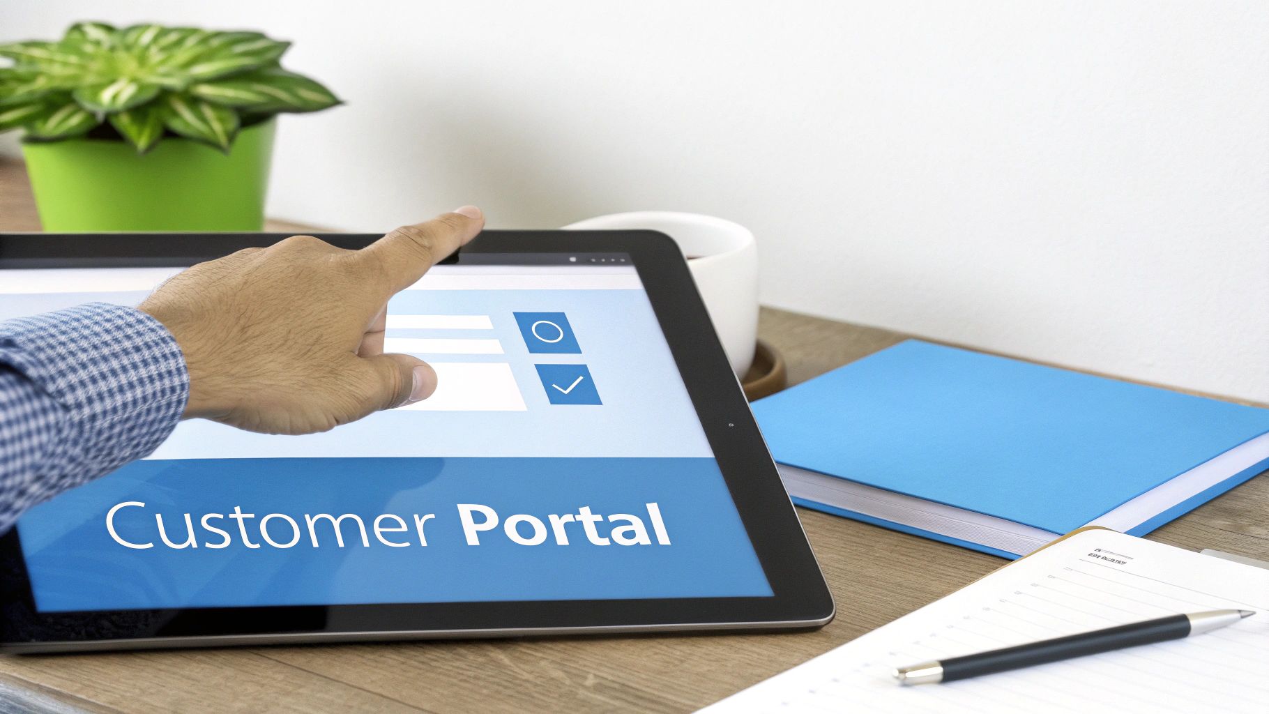 A hand interacts with a a tablet showing a 'Customer Portal' and checkboxes on a wooden desk.