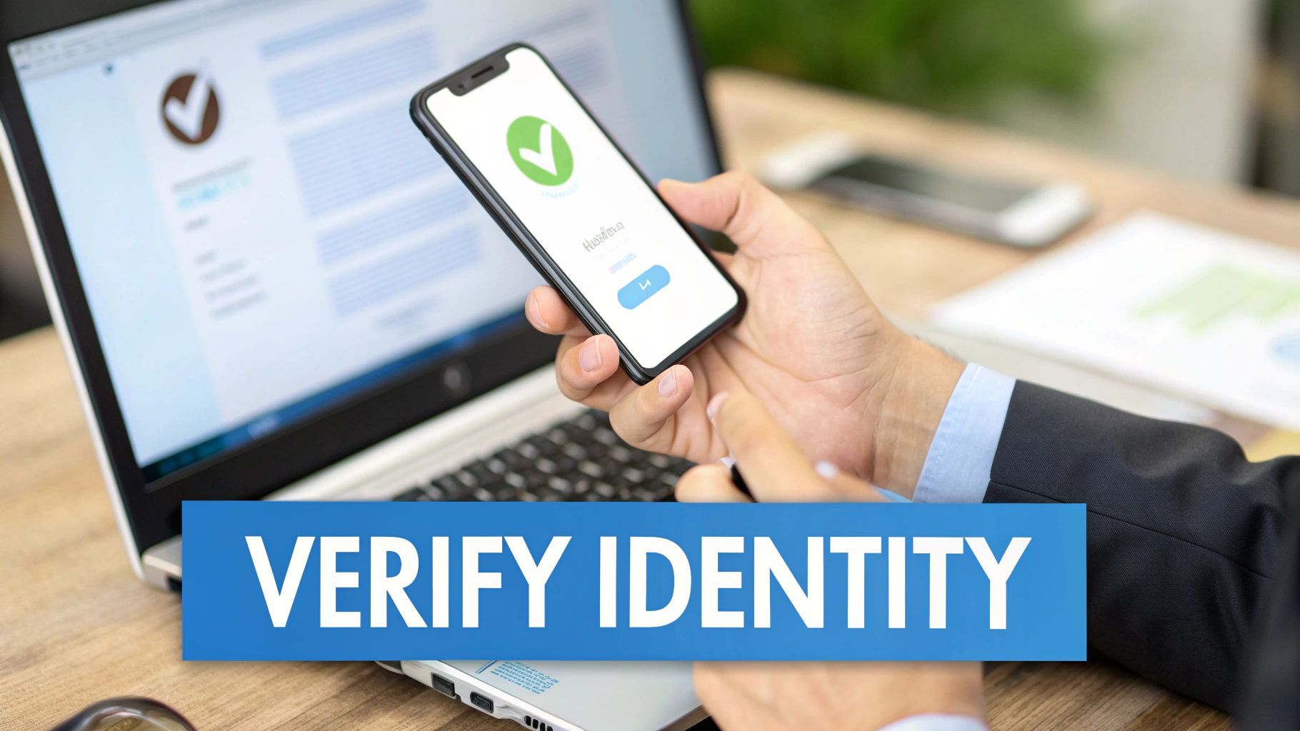A person uses a smartphone for identity verification with a green checkmark, next to a laptop.