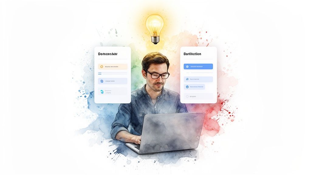 Man working on a laptop with UI elements and a glowing light bulb, representing digital innovation and ideas.