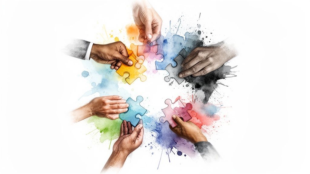 Diverse hands collaboratively assemble colorful puzzle pieces, symbolizing teamwork, partnership, and problem-solving.