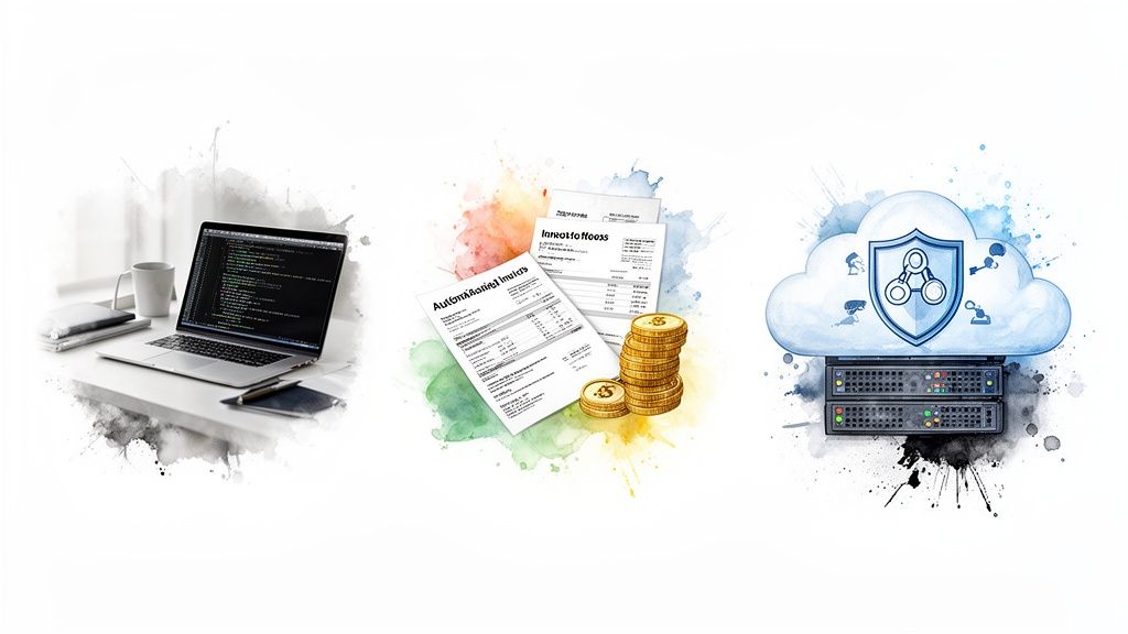 Watercolor illustration showing software development, financial documents with coins, and cloud data security on servers.