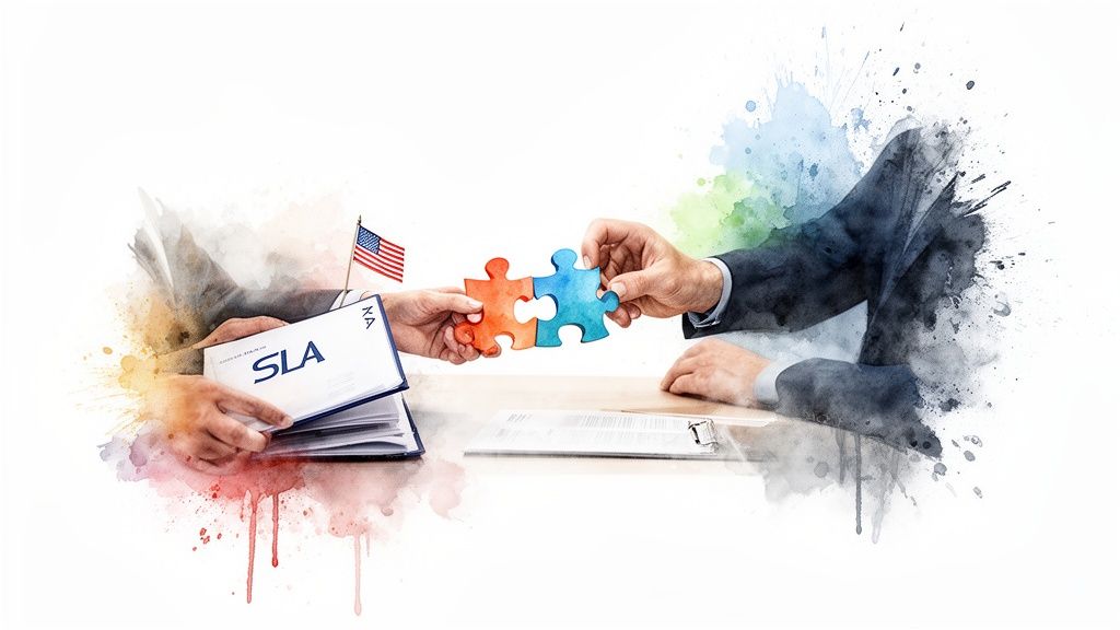 Two hands connect orange and blue puzzle pieces over a table with an SLA document and US flag.