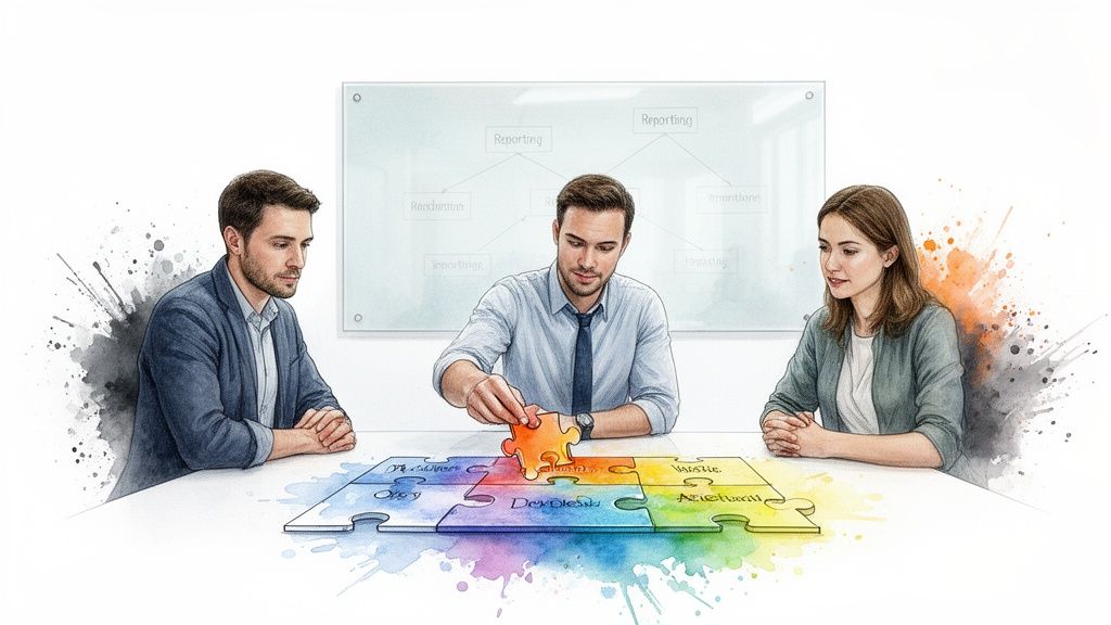 Business team assembling a puzzle, symbolizing collaborative problem-solving and strategic planning.