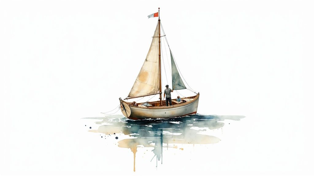 A watercolor painting of a white sailboat with two figures, floating on stylized blue water.