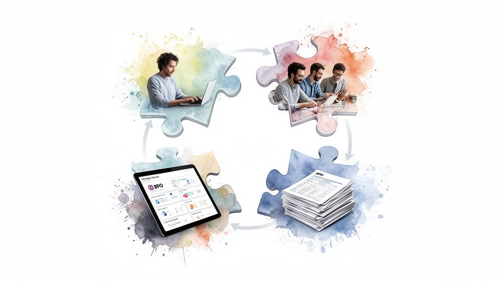 A circular diagram illustrates a business process workflow with people, documents, and digital tools.
