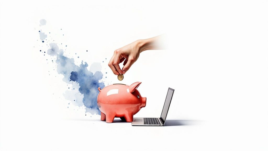 Hand inserting coin into pink piggy bank next to a laptop, representing online savings and financial management