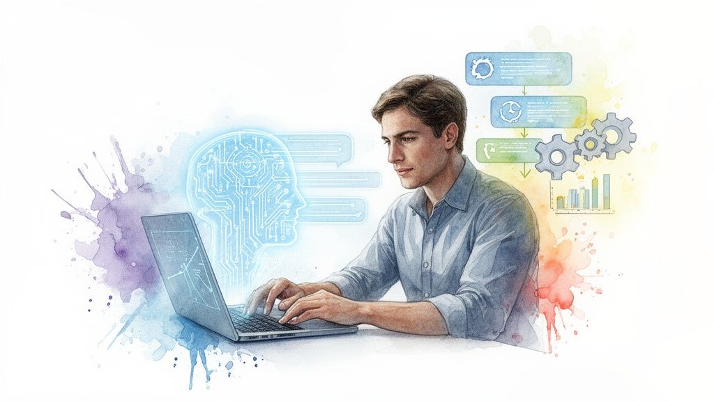 A man uses a laptop with AI visuals, data processing elements, and workflow diagrams surrounding him.