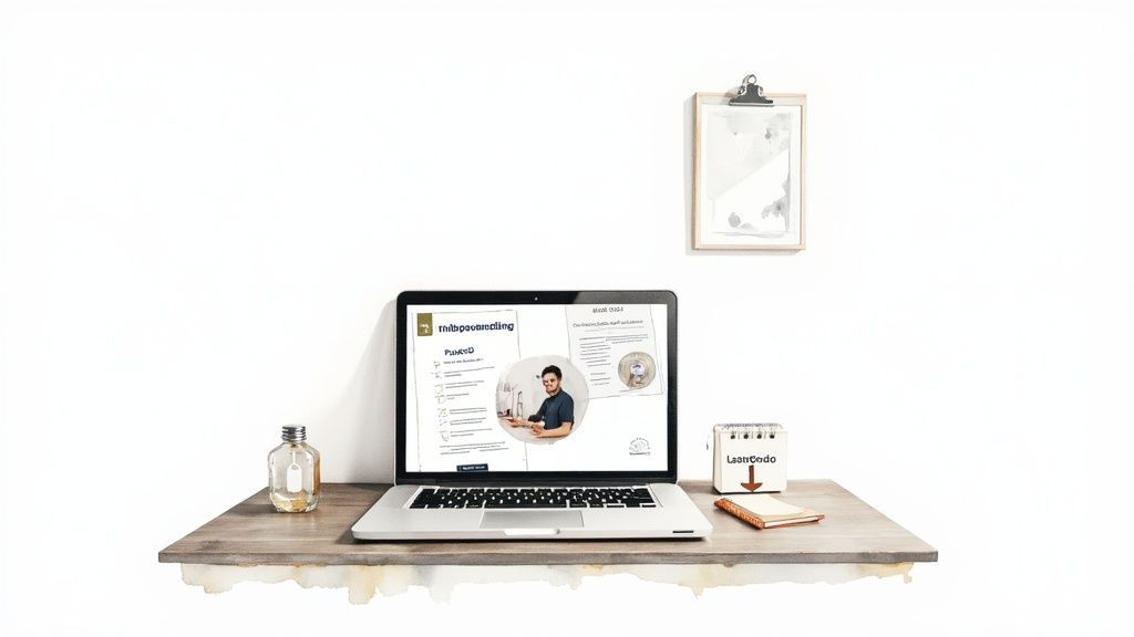 Laptop displaying bookkeeping software on minimalist wooden desk with organized workspace accessories