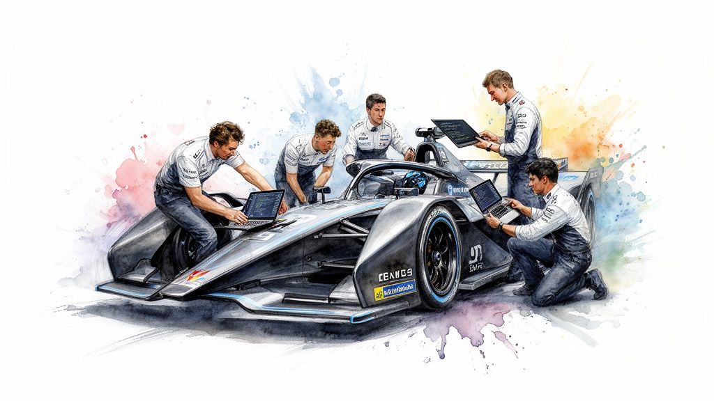 Watercolor illustration shows a racing team collaboratively coding on laptops around a high-tech race car.