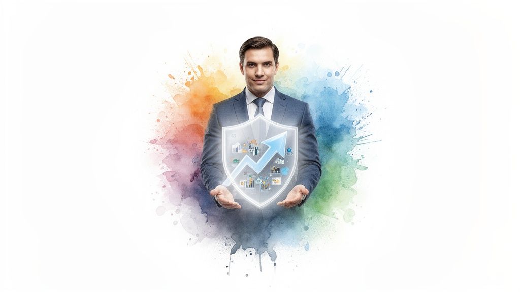 Confident businessman holding a glowing shield with a rising arrow and business icons, on a vibrant watercolor background.