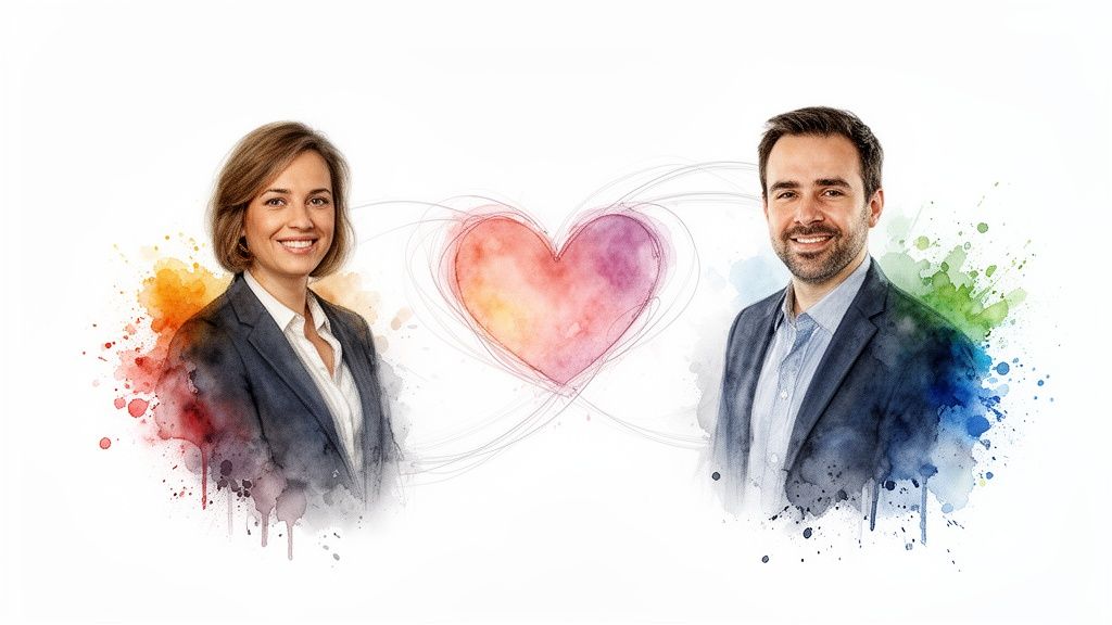 Professional man and woman in business attire connected by a watercolor heart, symbolizing partnership.