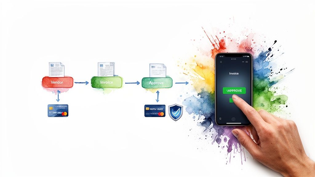 Automated invoice approval workflow diagram with vendor payment, credit card, and mobile app interaction.