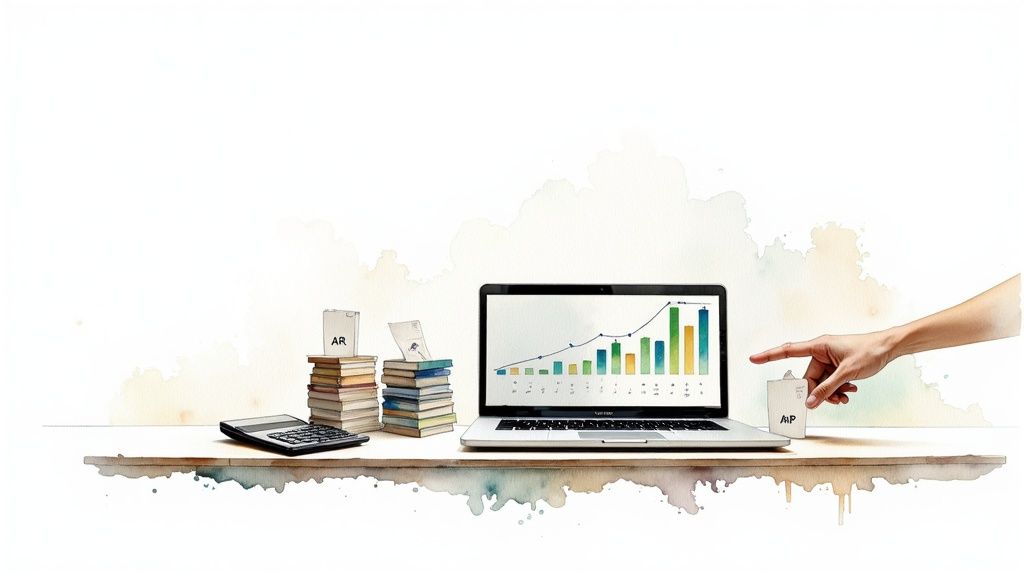 Watercolor illustration of a financial desk with a laptop displaying a graph, books, calculator, and a hand.