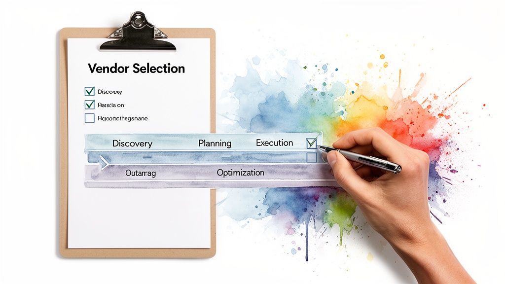 A hand checks 'Execution' on a Vendor Selection checklist, outlining project stages.