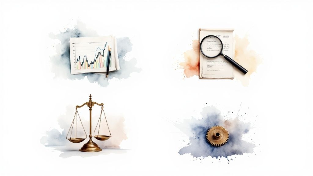 Four watercolor illustrations depict finance charts, legal scales, research documents with a magnifying glass, and an industrial gear.
