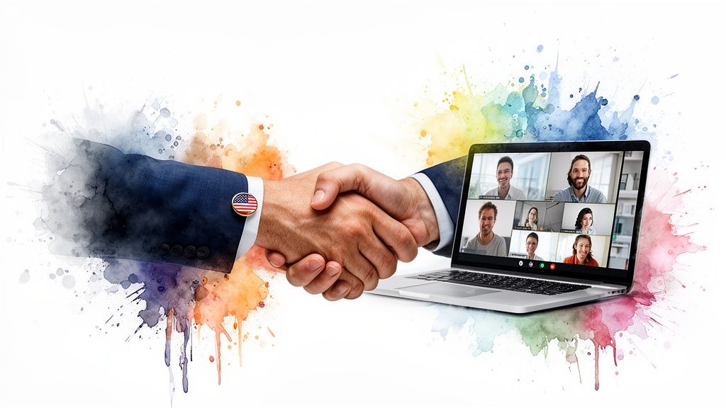 Digital handshake: American business professional connecting virtually with diverse team on laptop, watercolor background.