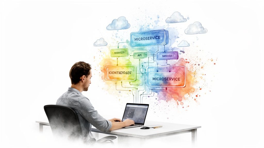 A man works on a laptop with a colorful microservices architecture diagram above.