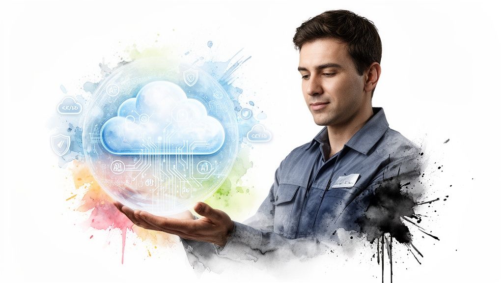Man holding a glowing cloud computing sphere, surrounded by tech icons and watercolor art.