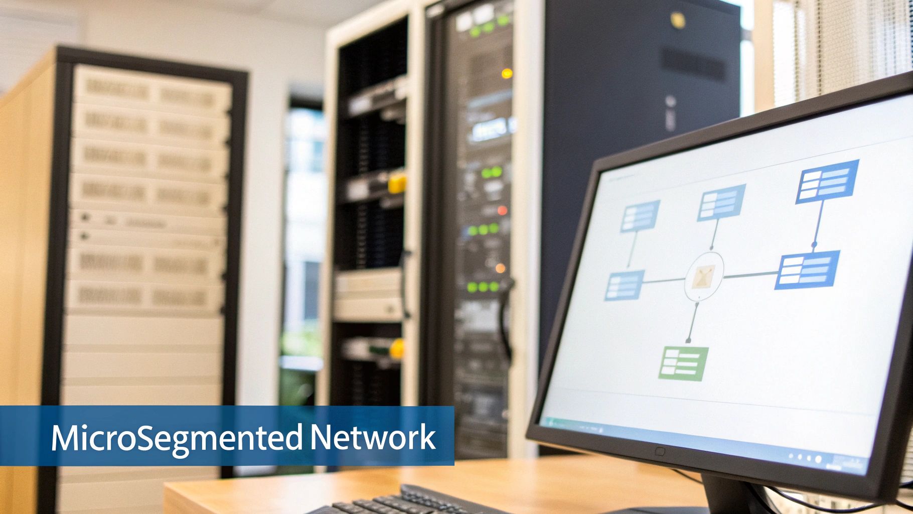 A server room with racks and a computer monitor displaying a microsegmented network diagram.