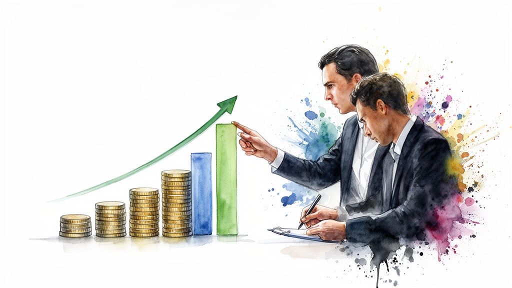 Two businessmen analyze financial growth with increasing coin stacks and a rising bar chart.