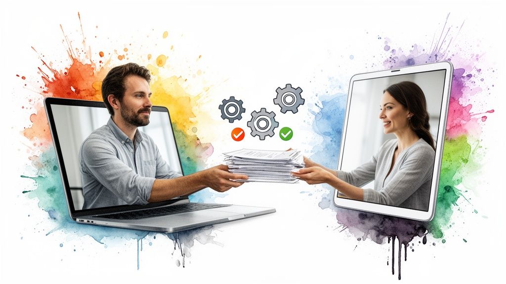 Man from laptop passes documents to woman from tablet, surrounded by colorful splashes and gears.